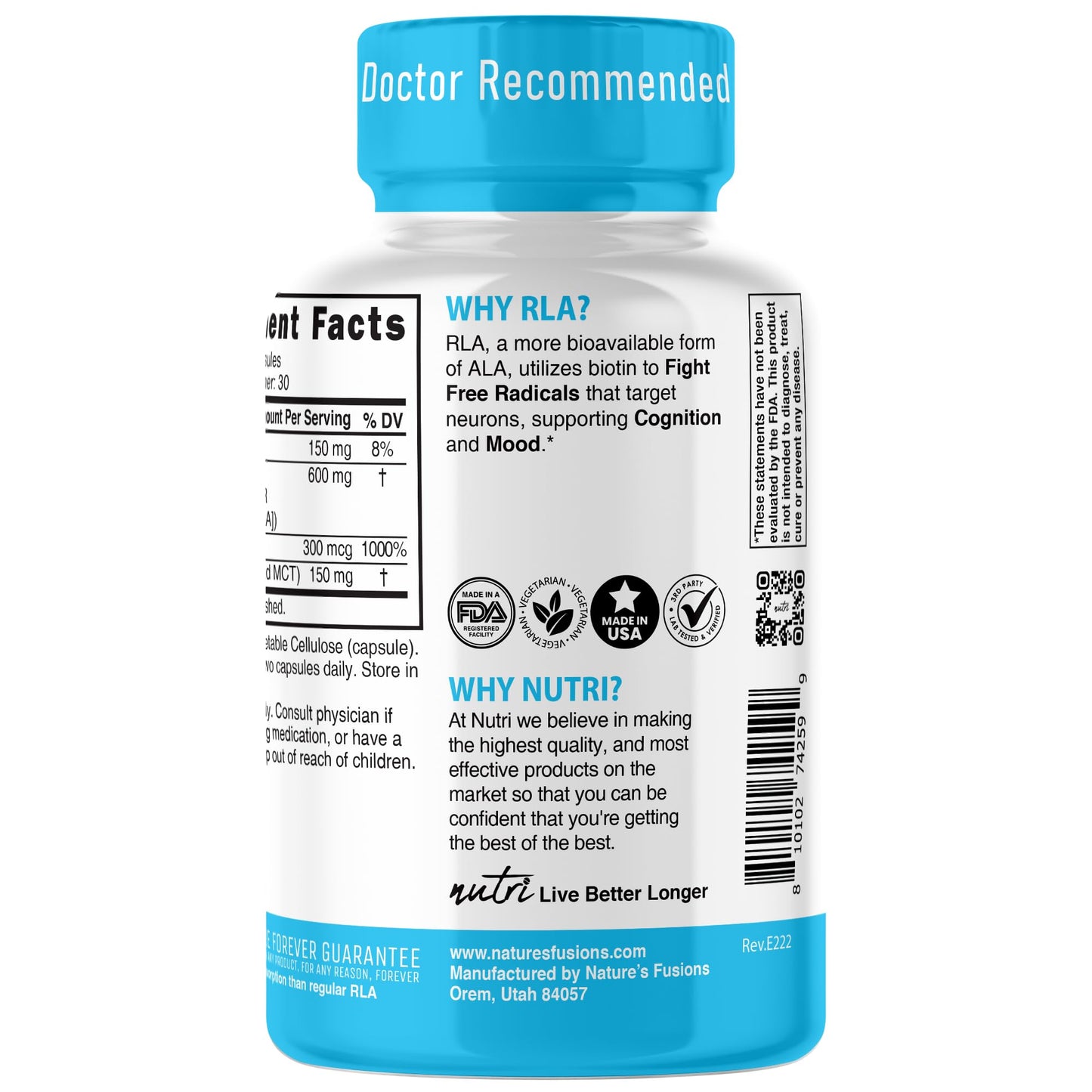 Nutri R Alpha Lipoic Acid 600mg Capsules - R-Lipoic Acid with Biotin | 60 Vegan Capsules | RALA
