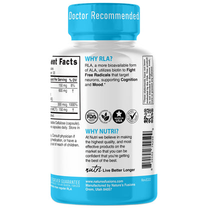 Nutri R Alpha Lipoic Acid 600mg Capsules - R-Lipoic Acid with Biotin | 60 Vegan Capsules | RALA