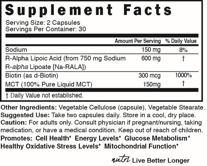 Nutri R Alpha Lipoic Acid 600mg Capsules - R-Lipoic Acid with Biotin | 60 Vegan Capsules | RALA