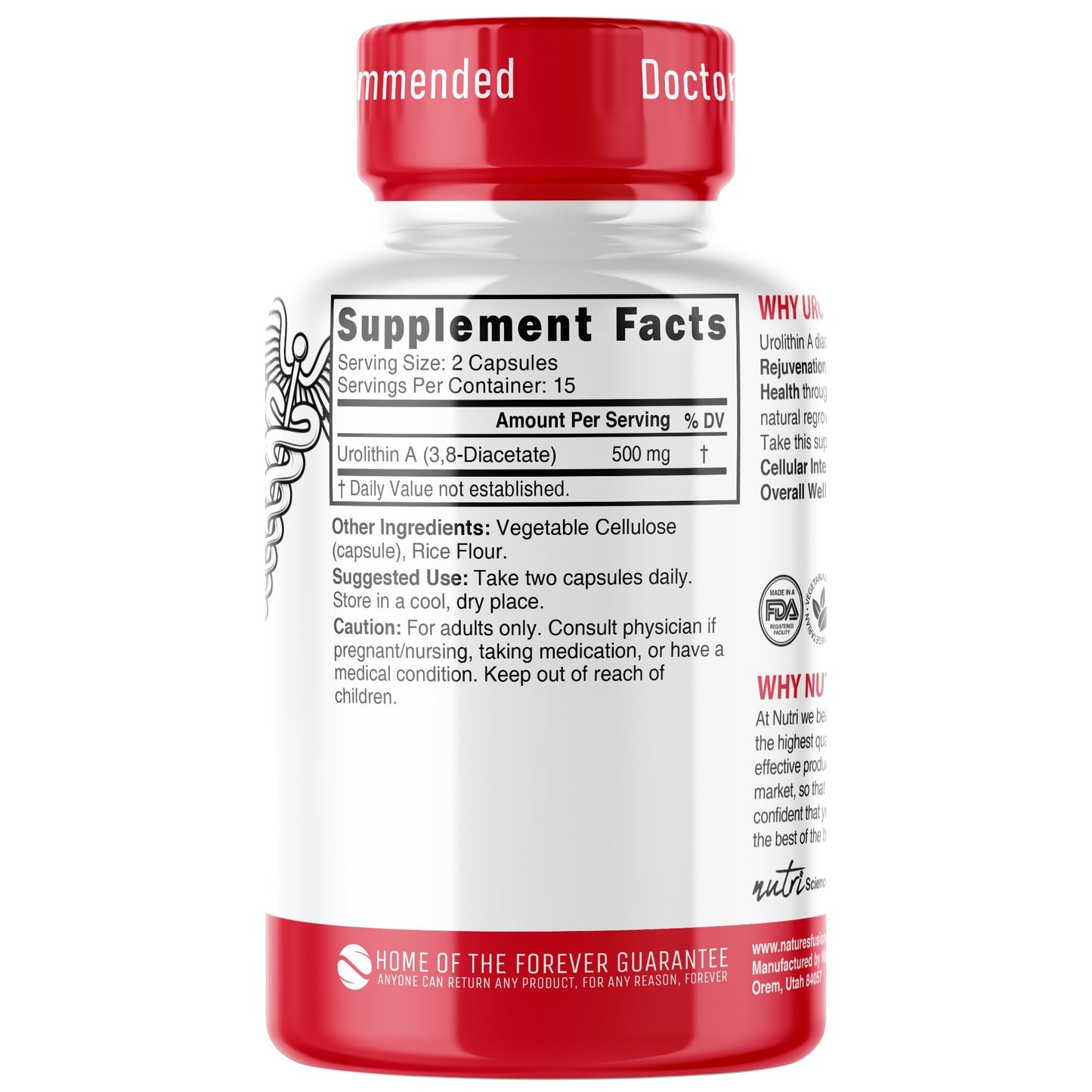 Nutri Urolithin A Supplement 500mg - NAD+ Boost, Antioxidant, 30 Vegan Capsules