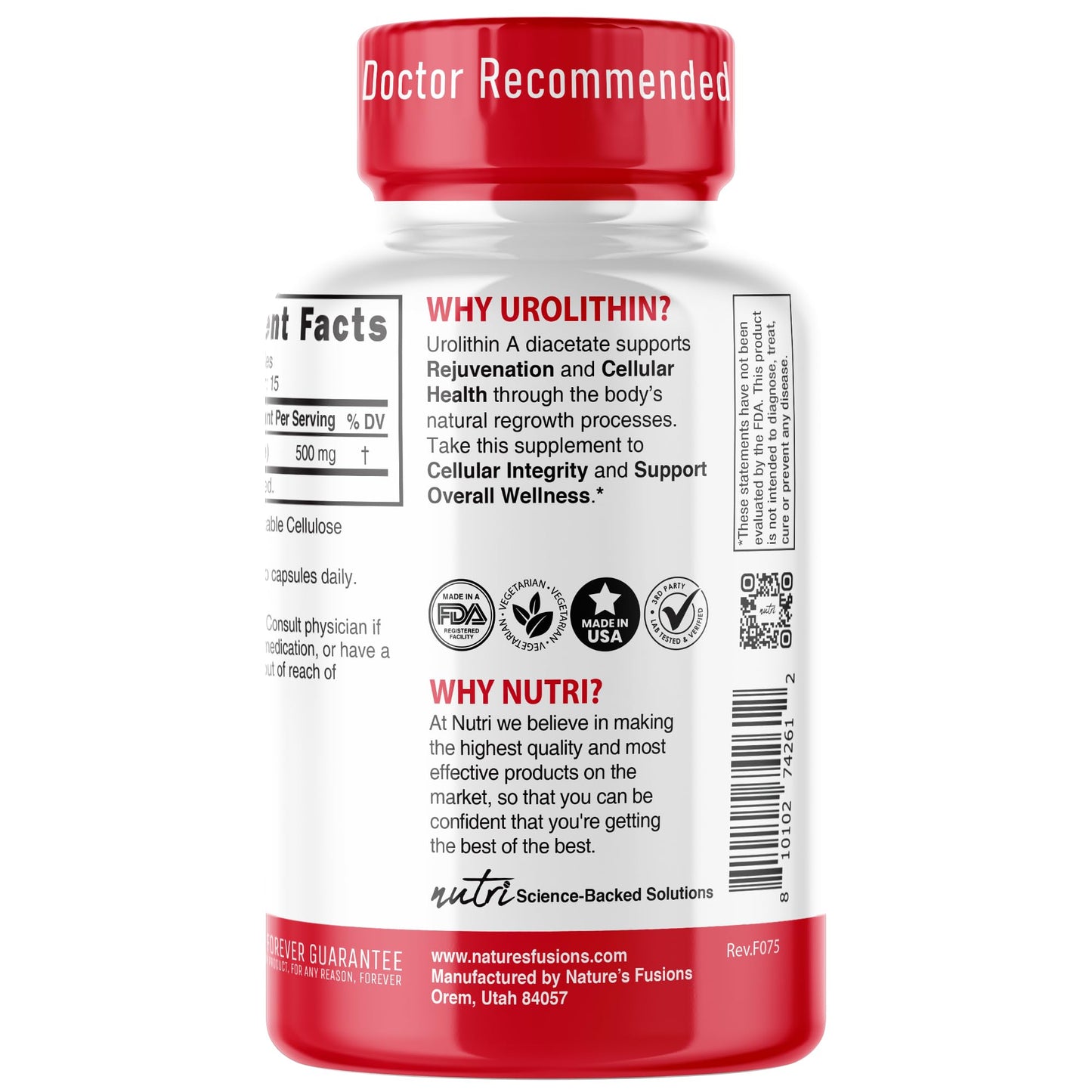 Nutri Urolithin A Supplement 500mg - NAD+ Boost, Antioxidant, 30 Vegan Capsules