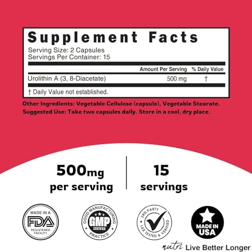 Nutri Urolithin A Supplement 500mg - NAD+ Boost, Antioxidant, 30 Vegan Capsules