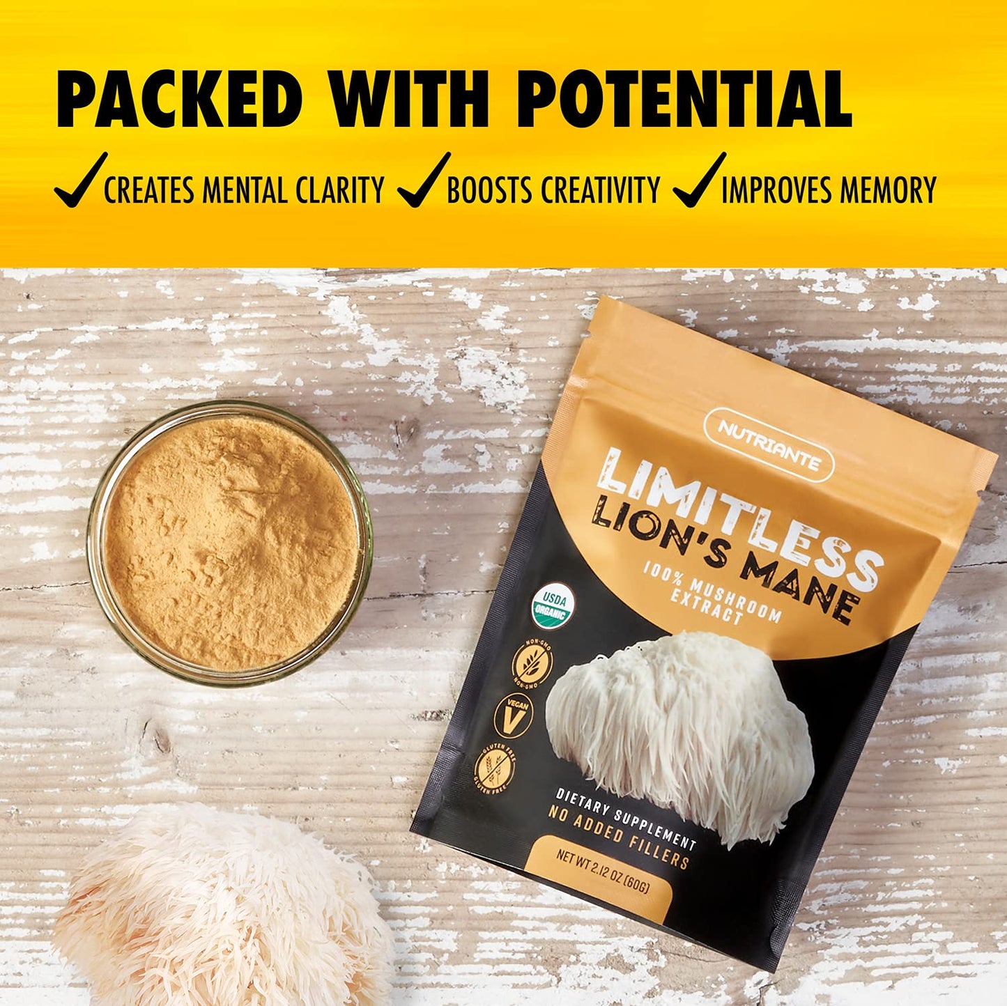 Premium USDA Organic Lion's Mane Extract Powder – 15:1 Dual Extract, 2.12 oz | Nutriante