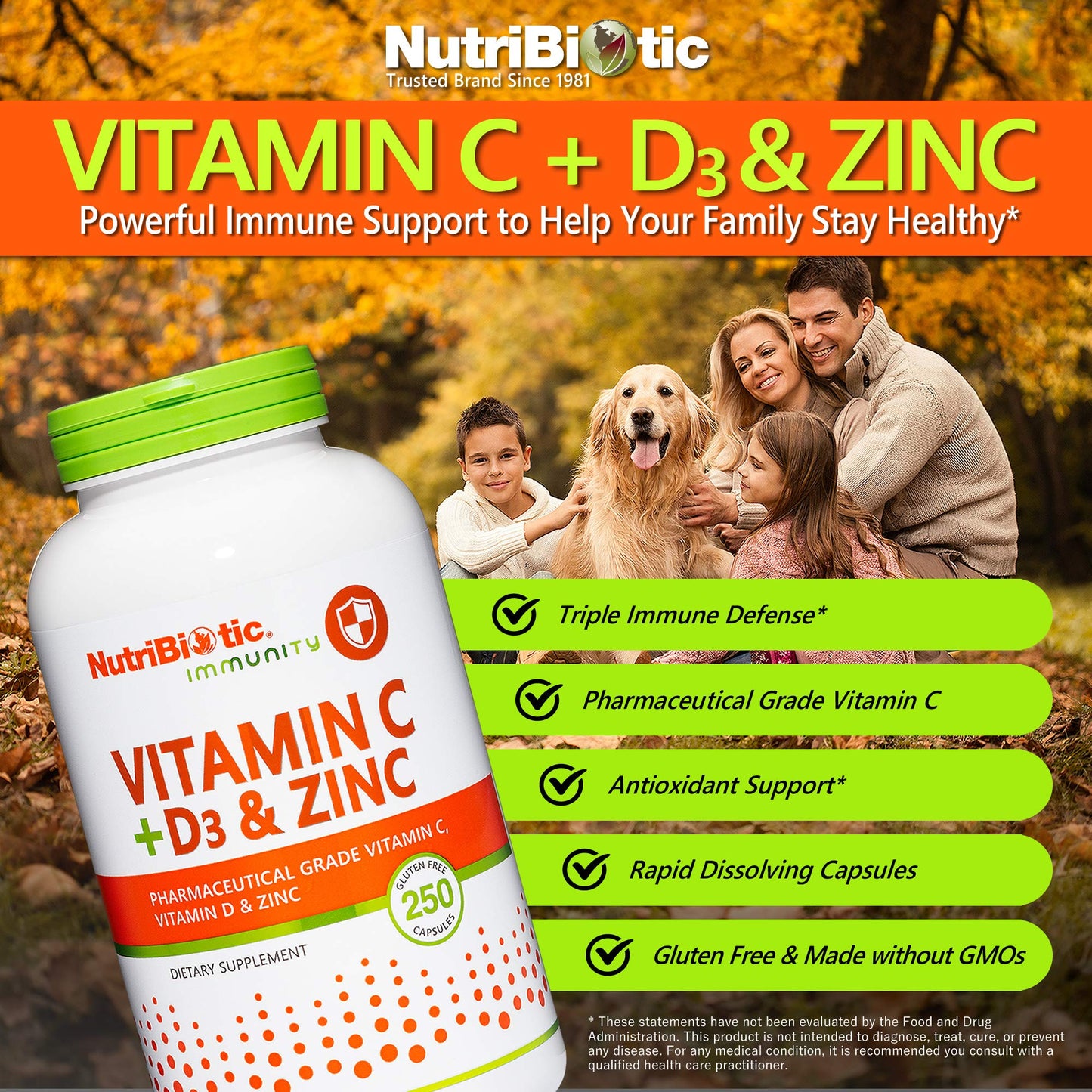 NutriBiotic Vitamin C + D3 & Zinc - 250 Capsules | Immune Support