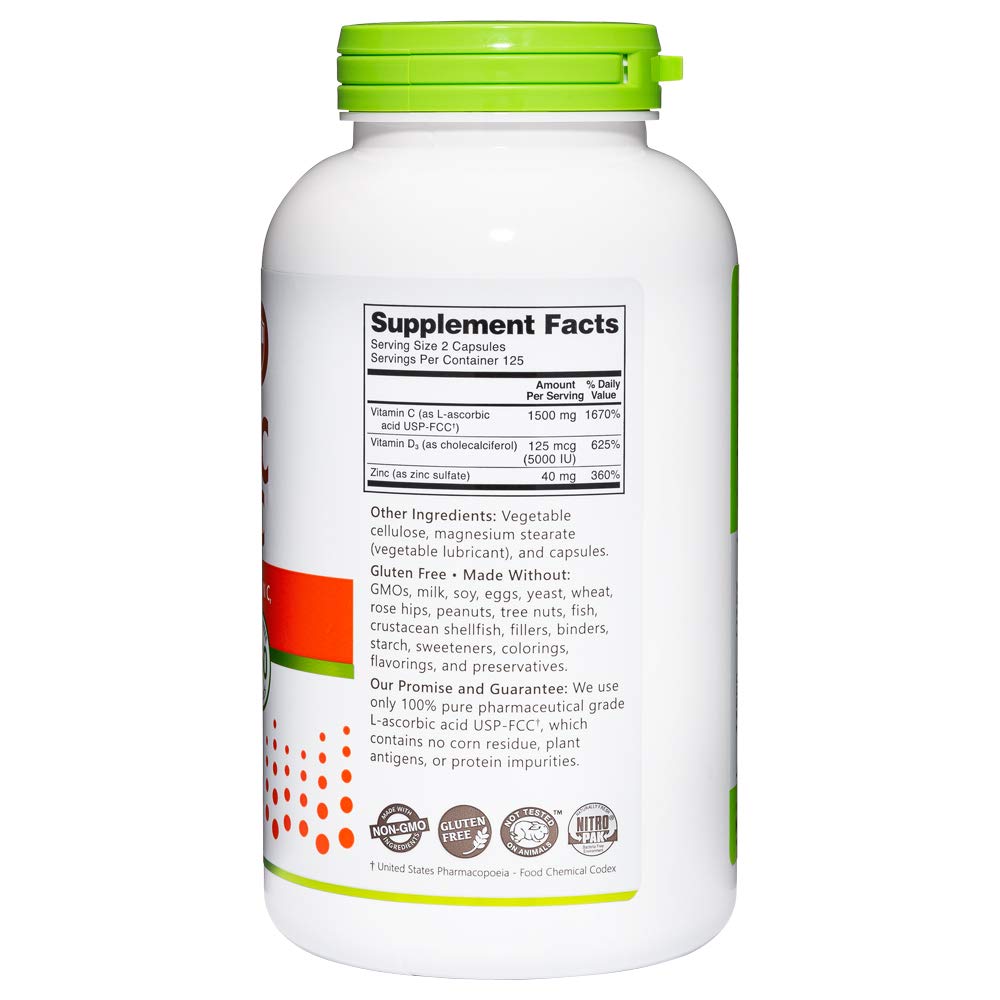 NutriBiotic Vitamin C + D3 & Zinc - 250 Capsules | Immune Support