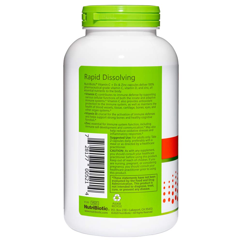NutriBiotic Vitamin C + D3 & Zinc - 250 Capsules | Immune Support