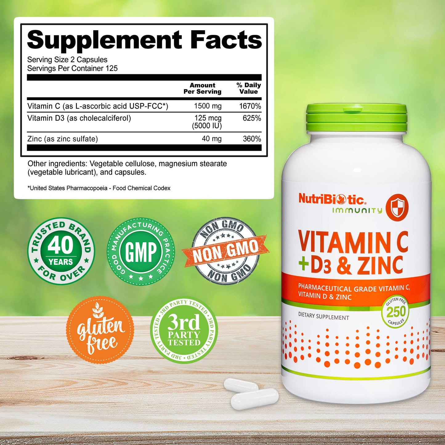NutriBiotic Vitamin C + D3 & Zinc - 250 Capsules | Immune Support