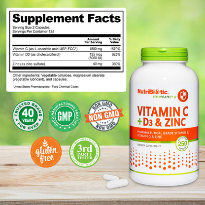 NutriBiotic Vitamin C + D3 & Zinc - 250 Capsules | Immune Support