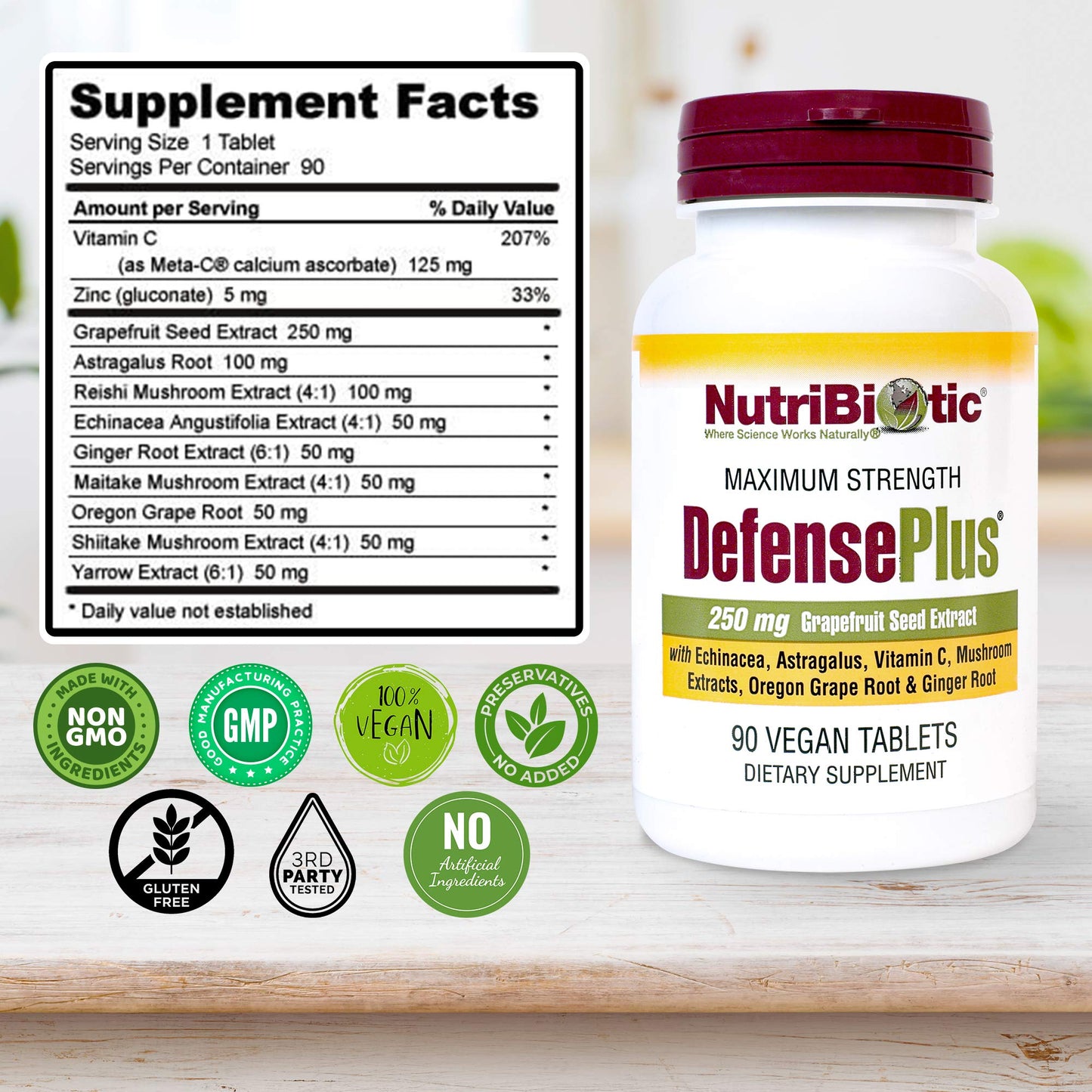 NutriBiotic DefensePlus 90 Tablets – 11 in 1 Immune Support, Vegan & Gluten Free