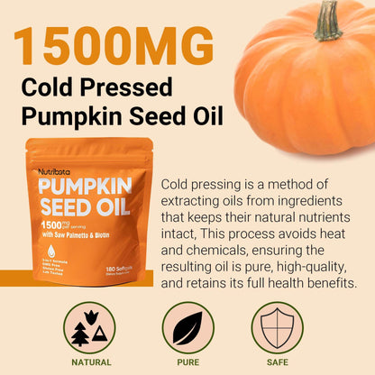 Nutribota Pumpkin Seed Oil Softgels 1500mg - Hair, Prostate & Urinary Health (180 Count)