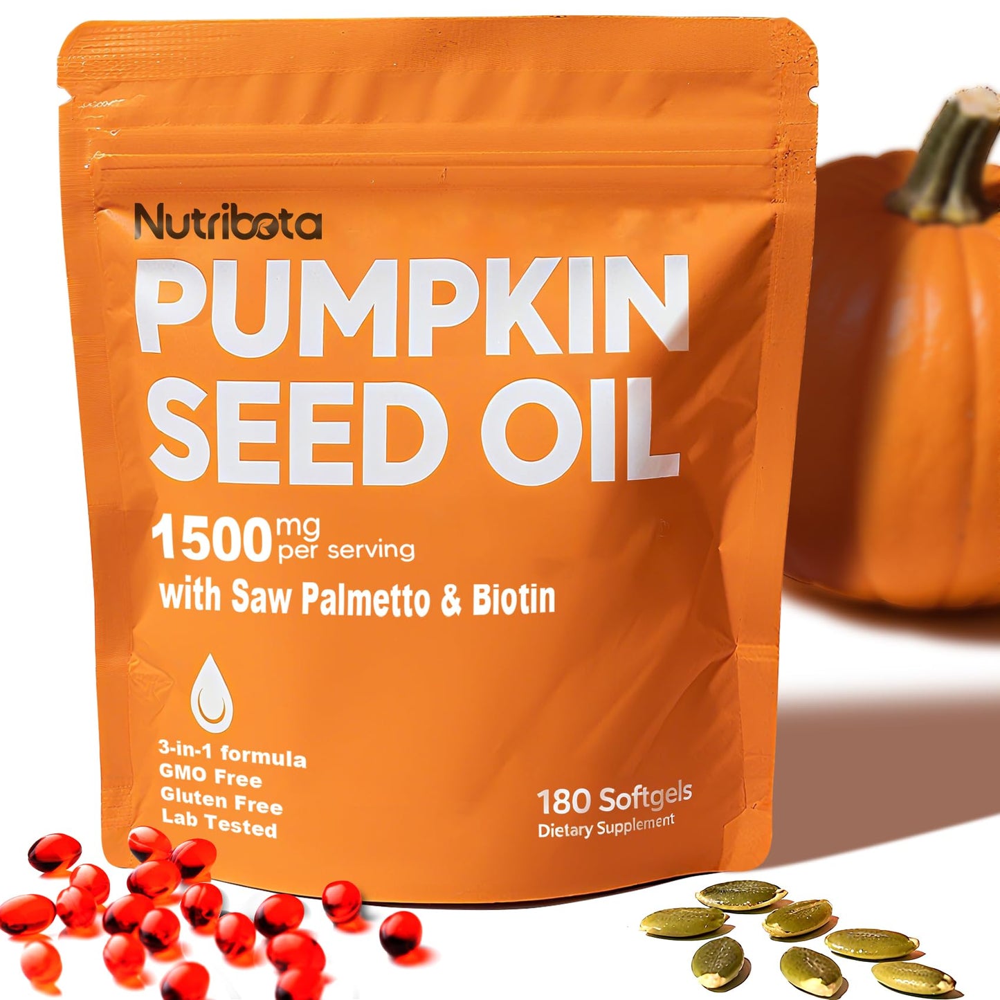 Nutribota Pumpkin Seed Oil Softgels 1500mg - Hair, Prostate & Urinary Health (180 Count)