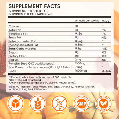 Nutribota Pumpkin Seed Oil Softgels 1500mg - Hair, Prostate & Urinary Health (180 Count)