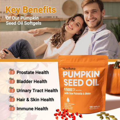 Nutribota Pumpkin Seed Oil Softgels 1500mg - Hair, Prostate & Urinary Health (180 Count)