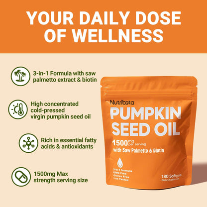 Nutribota Pumpkin Seed Oil Softgels 1500mg - Hair, Prostate & Urinary Health (180 Count)