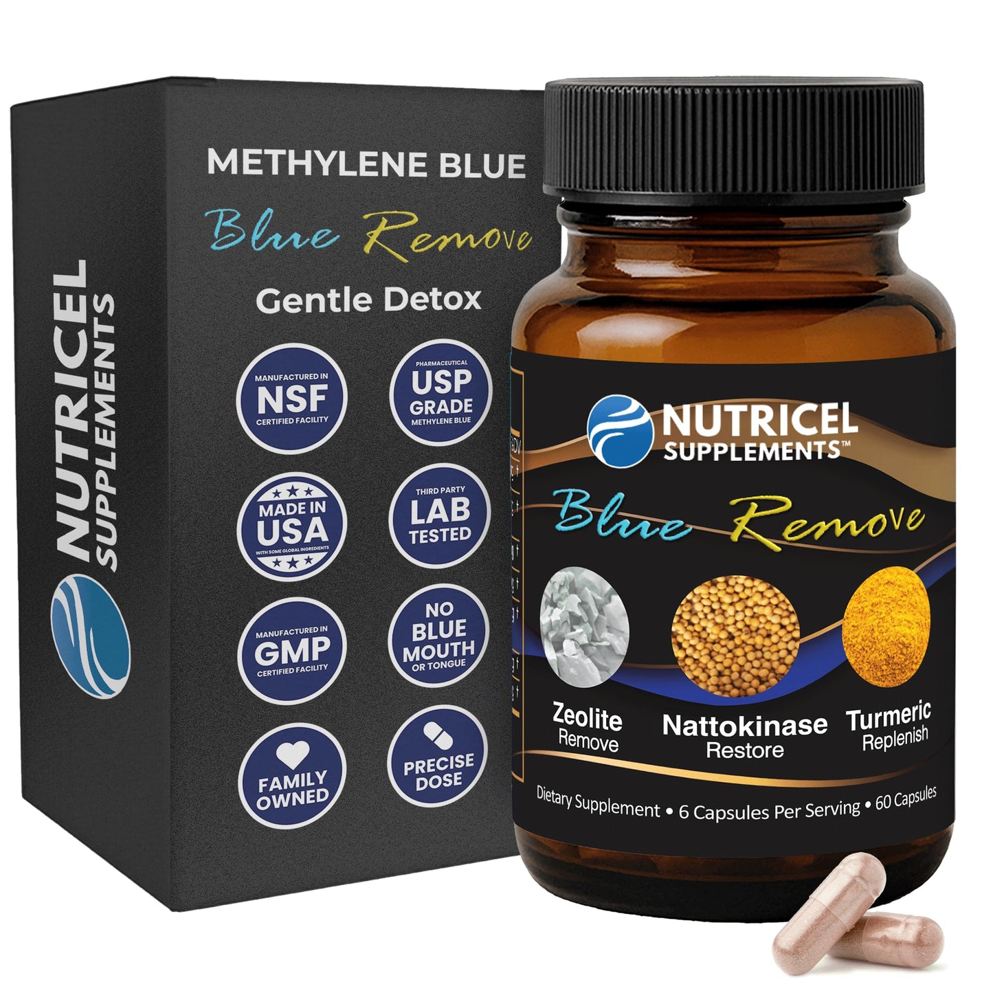 Nutricel Methylene Blue Capsules with Zeolite, Nattokinase, Turmeric – 18mg (USP) | 60ct | Made in USA