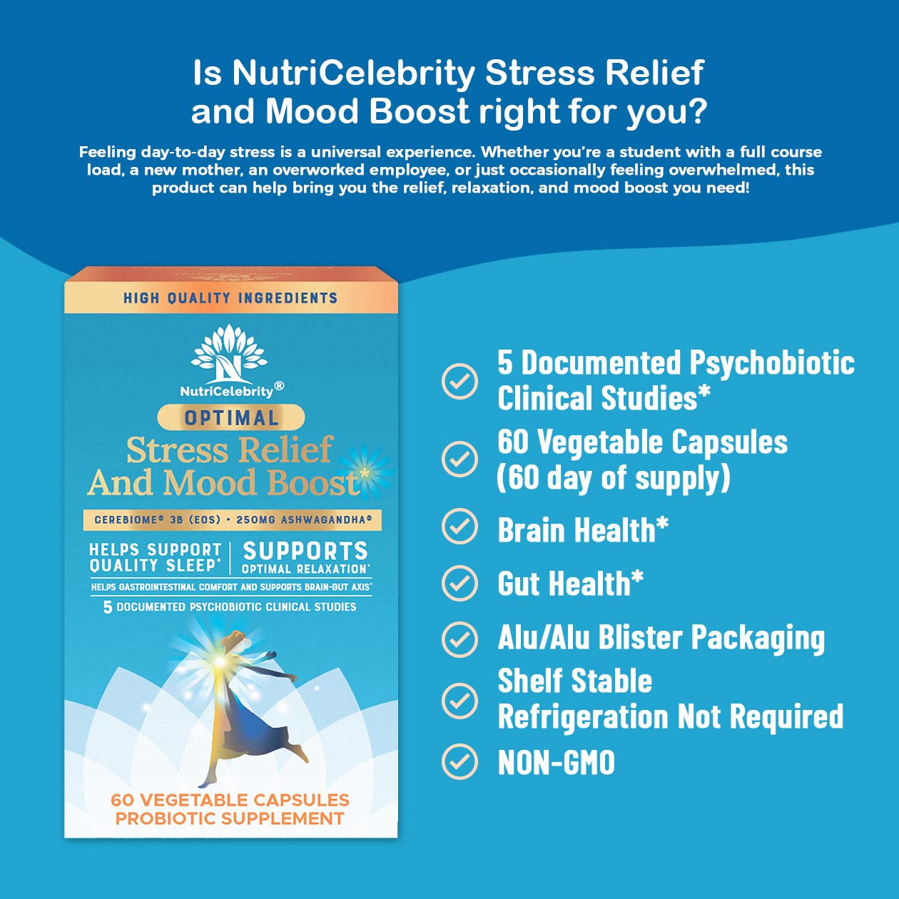 Nutricelebrity Optimal Stress Relief – Mood Support, Sleep & Gut Health (60 Days)