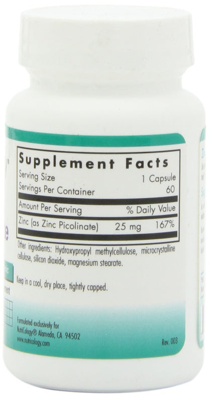Nutricology Zinc Picolinate Supplement - Hypoallergenic, 25 mg Zinc, 60 Veg Capsules