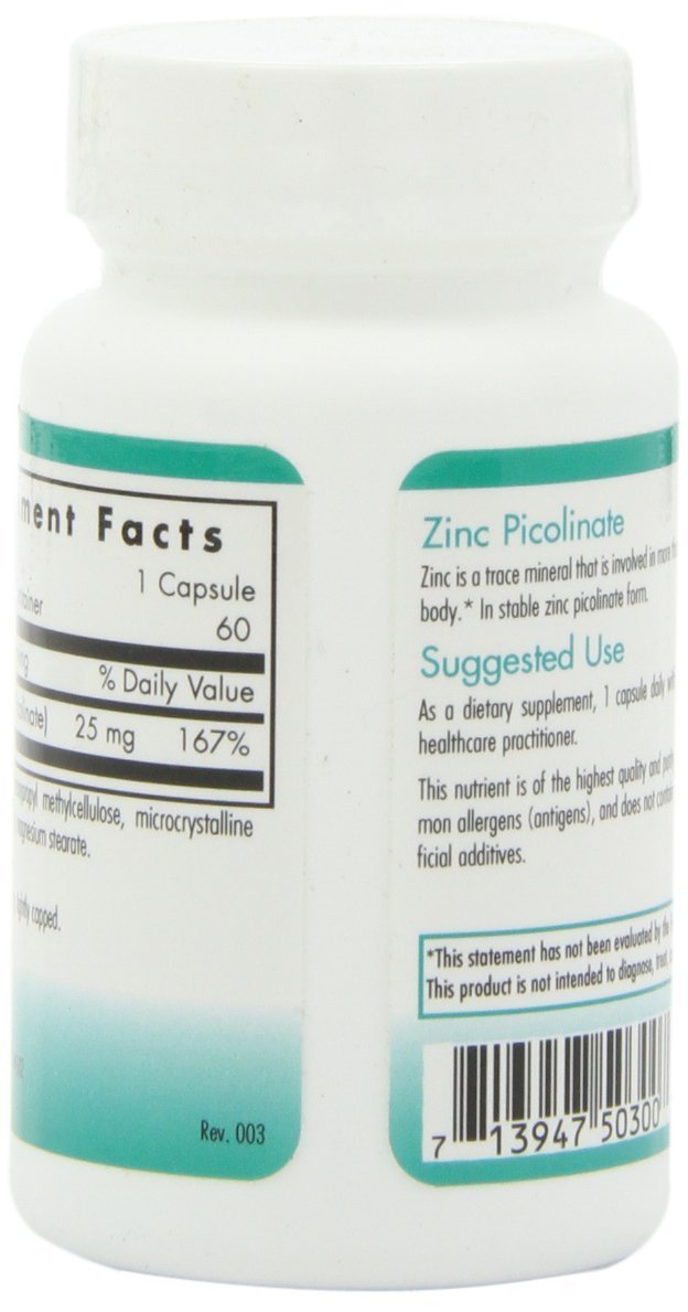 Nutricology Zinc Picolinate Supplement - Hypoallergenic, 25 mg Zinc, 60 Veg Capsules