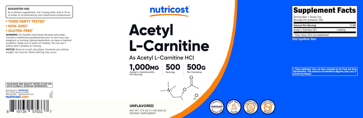 Nutricost Acetyl L-Carnitine (ALCAR) Powder 1000mg, 500g BritishVita | Premium UK Vitamins & Wellness Supplements