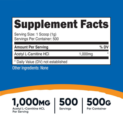 Nutricost Acetyl L-Carnitine (ALCAR) Powder 1000mg, 500g BritishVita | Premium UK Vitamins & Wellness Supplements