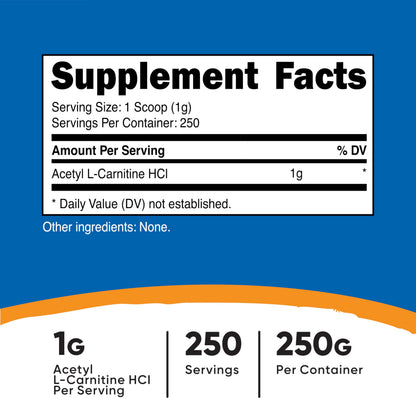 Nutricost Acetyl L-Carnitine (ALCAR) Powder – 250 g | 1 g Per Serving | 250 Servings