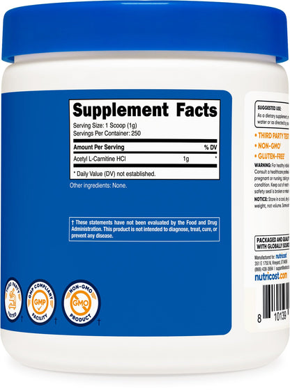 Nutricost Acetyl L-Carnitine (ALCAR) Powder – 250 g | 1 g Per Serving | 250 Servings