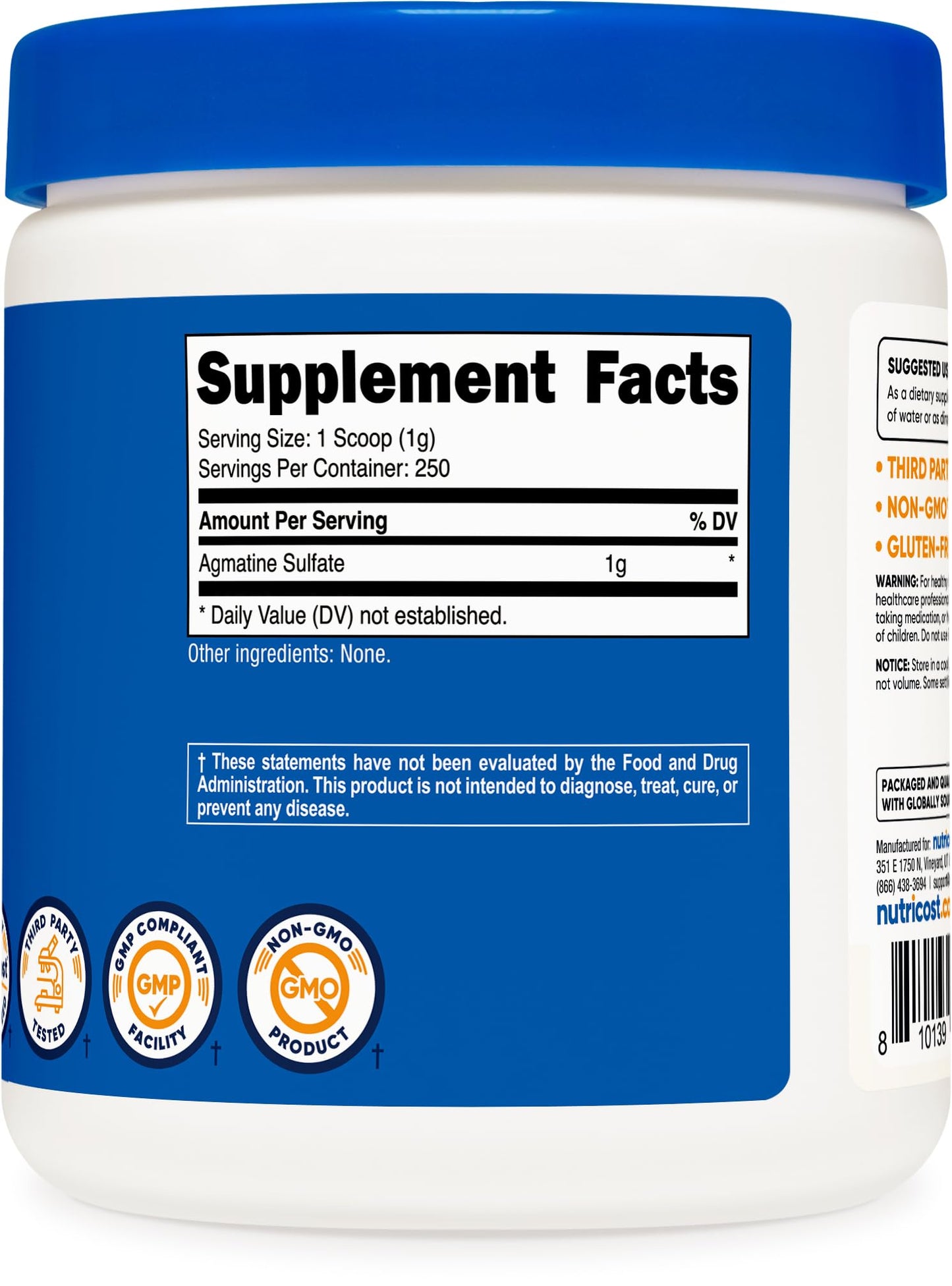 Nutricost Pure Agmatine Sulfate Powder – 250g, 1g Serving, Non-GMO