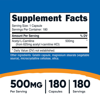 Nutricost Acetyl L-Carnitine (ALCAR) 500mg – 180 Capsules, 180 Servings | Non-GMO & Gluten Free