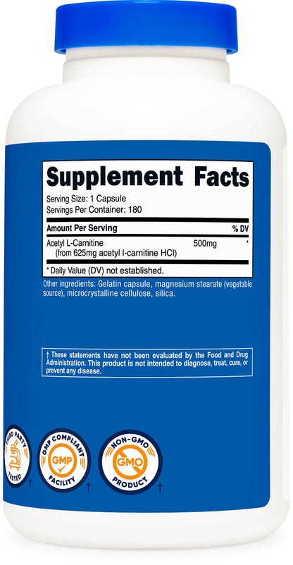 Nutricost Acetyl L-Carnitine (ALCAR) 500mg – 180 Capsules, 180 Servings | Non-GMO & Gluten Free