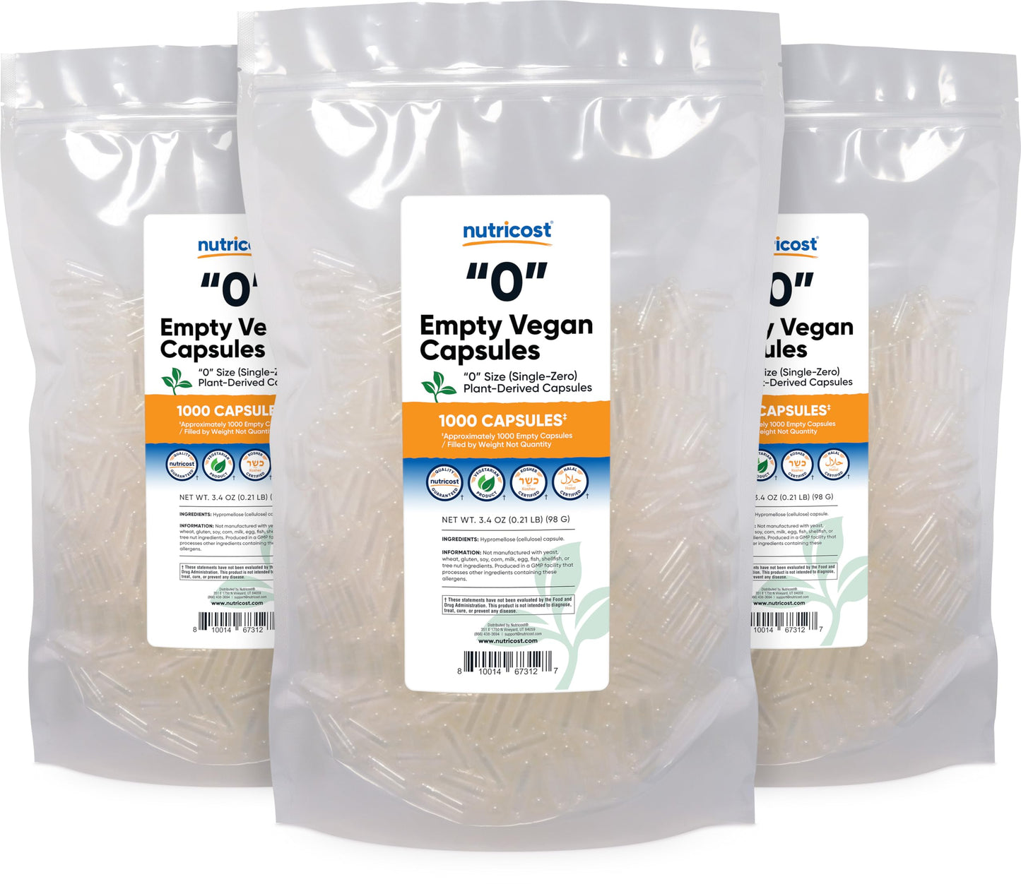 Nutricost Size 0 Empty Capsules - 1,000 Clear Plant-Based Capsules (Kosher, Halal, Non-GMO)