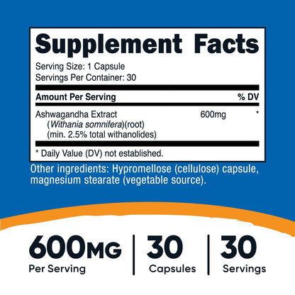 Nutricost Ashwagandha Root Extract 600mg - 30 Vegetarian Capsules | Non-GMO, Gluten Free