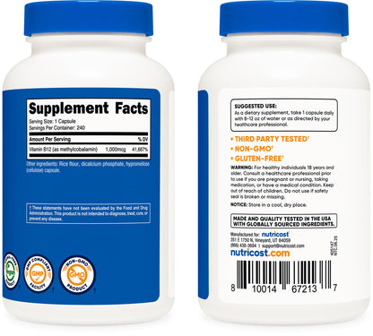 Nutricost B12 1000mcg Methylcobalamin – 240 Capsules, Vegetarian