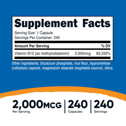 Nutricost Vitamin B12 (Methylcobalamin) 2000mcg – 240 Vegetarian Capsules