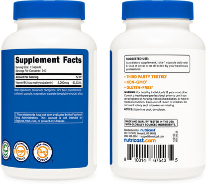 Nutricost Vitamin B12 (Methylcobalamin) 2000mcg – 240 Vegetarian Capsules