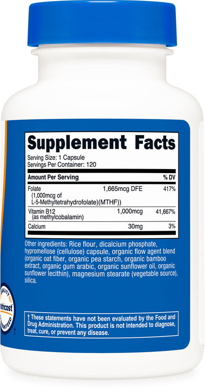 Nutricost Methylated B12 + Folate Supplement – 120 Caps, 1000 mcg B12 + 1000 mcg Methyl Folate, Gluten-Free