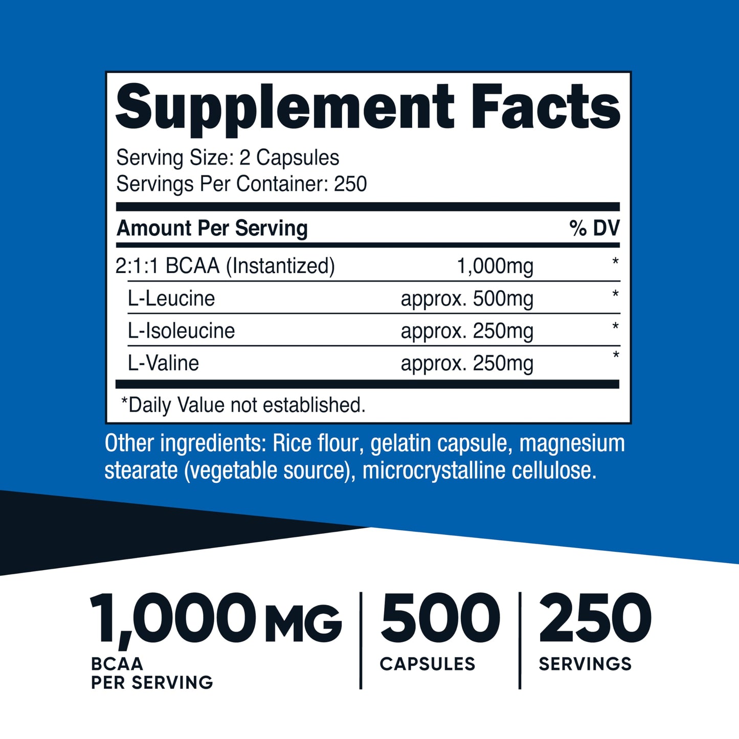 Nutricost BCAA 1000mg – 500 Capsules | 2:1:1 BCAA Formula