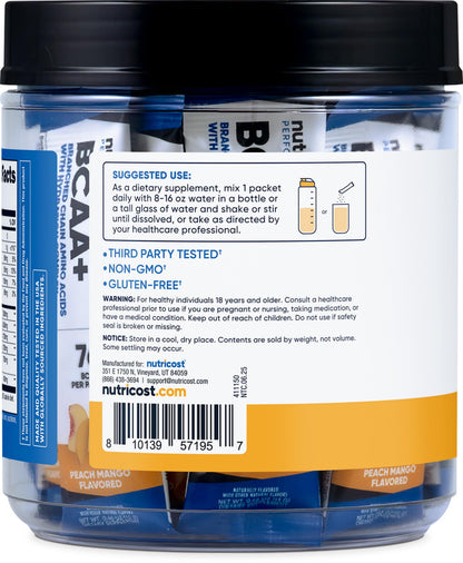 Nutricost BCAA+ Hydration Peach Mango - 20 Stickpacks | Gluten-Free & Non-GMO