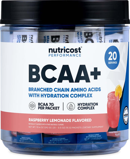 Nutricost BCAA+ Hydration Raspberry Lemonade - 20 Stickpacks (Gluten-Free, Non-GMO)