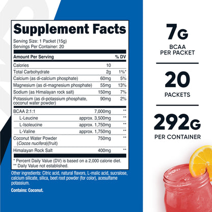 Nutricost BCAA+ Hydration Raspberry Lemonade - 20 Stickpacks (Gluten-Free, Non-GMO)