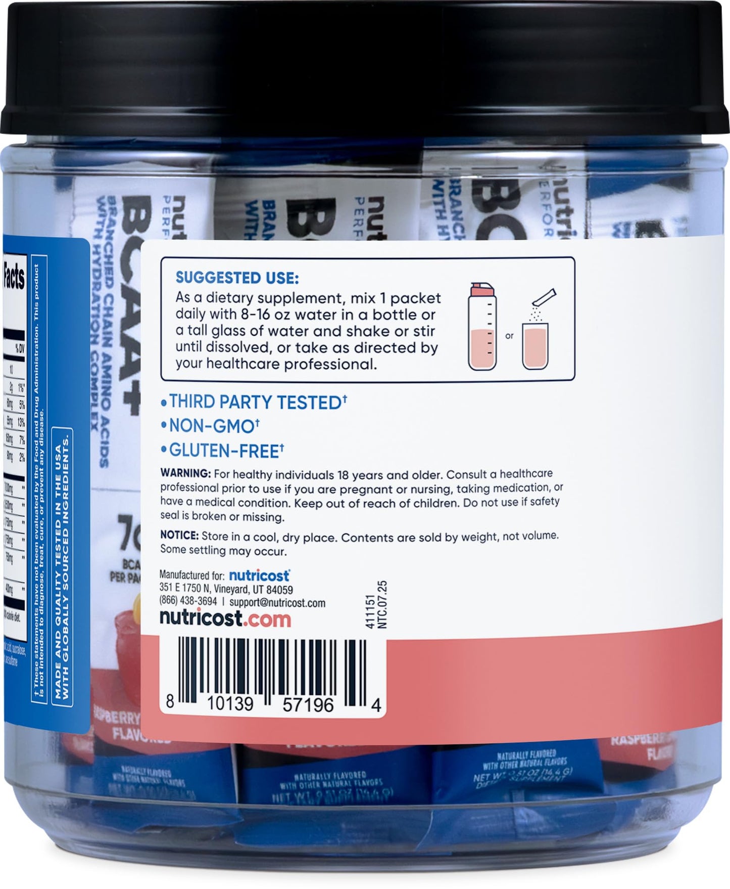 Nutricost BCAA+ Hydration Raspberry Lemonade - 20 Stickpacks (Gluten-Free, Non-GMO)
