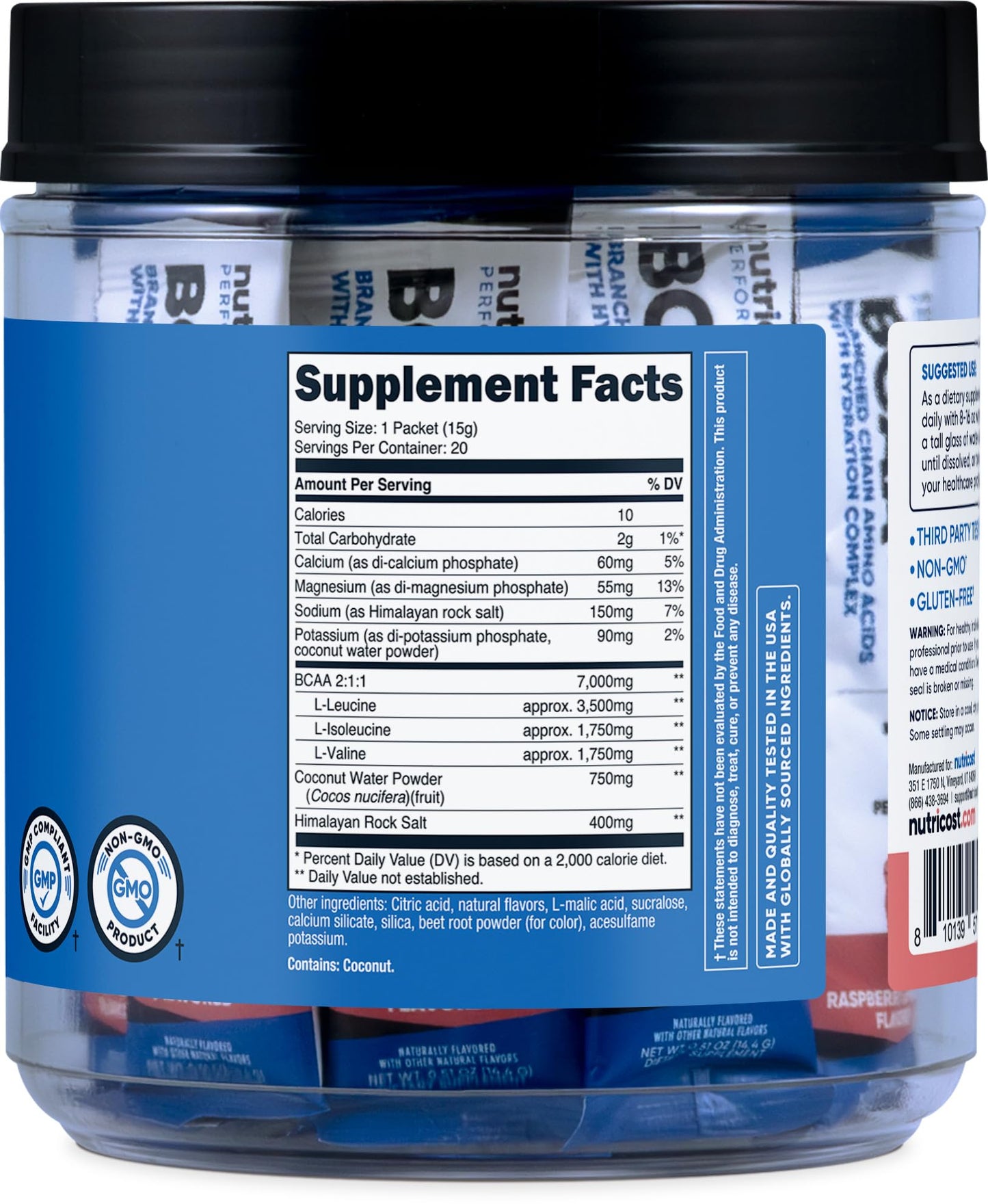 Nutricost BCAA+ Hydration Raspberry Lemonade - 20 Stickpacks (Gluten-Free, Non-GMO)