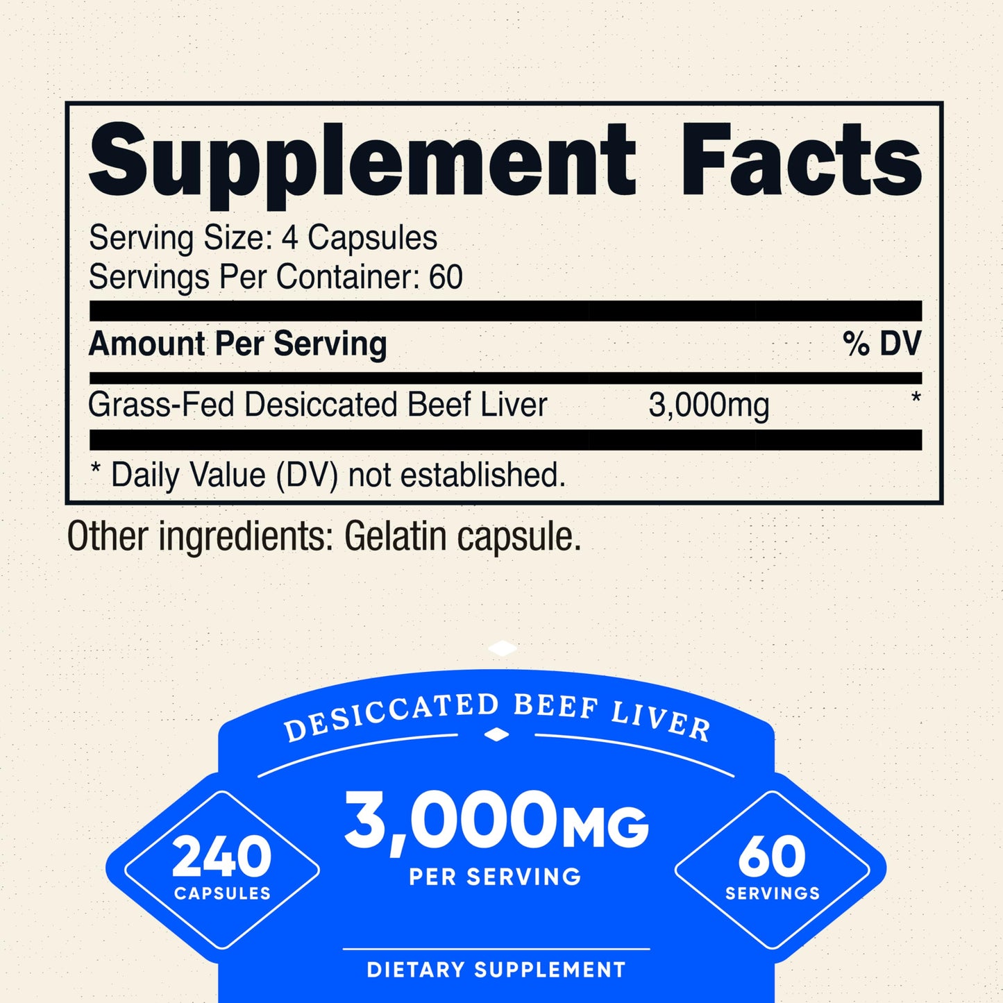 Nutricost Grass-Fed Desiccated Beef Liver Capsules 3000mg per Serving | 60 Servings (240 Caps)