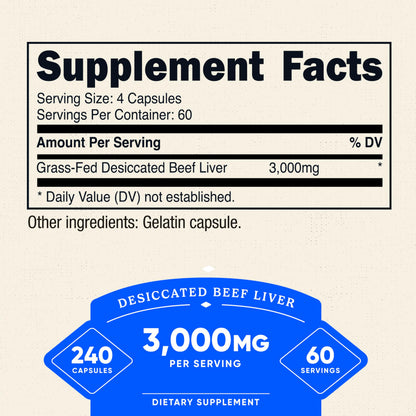 Nutricost Grass-Fed Desiccated Beef Liver Capsules 3000mg per Serving | 60 Servings (240 Caps)