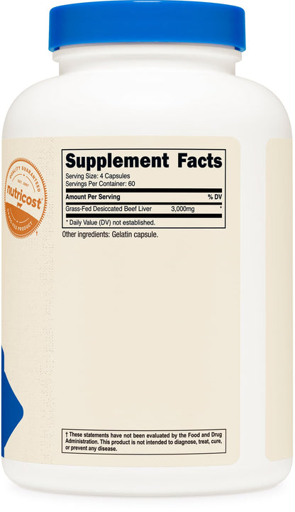 Nutricost Grass-Fed Desiccated Beef Liver Capsules 3000mg per Serving | 60 Servings (240 Caps)