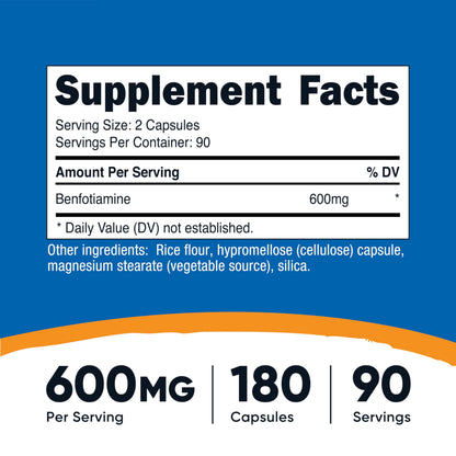 Nutricost Benfotiamine 600 mg | 180 Capsules – Fat-Soluble Vitamin B1 (Thiamine) – Gluten Free, Non-GMO, Vegan