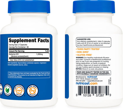 Nutricost Berberine HCl 1200mg | 60 Vegetarian Capsules | Gluten Free & Non-GMO