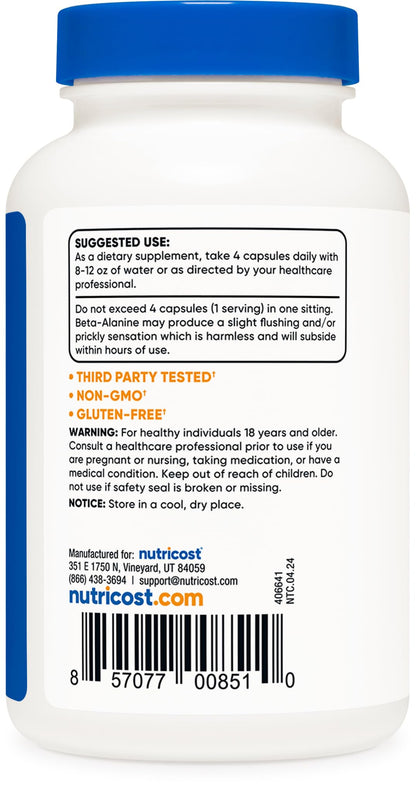Nutricost Beta-Alanine 3400mg Capsules – 120 Caps, Gluten Free & Non-GMO