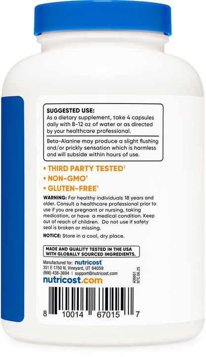 Nutricost Beta-Alanine Capsules 3400mg | 60 Servings (850mg per cap) – Gluten Free & Non-GMO, Made in USA