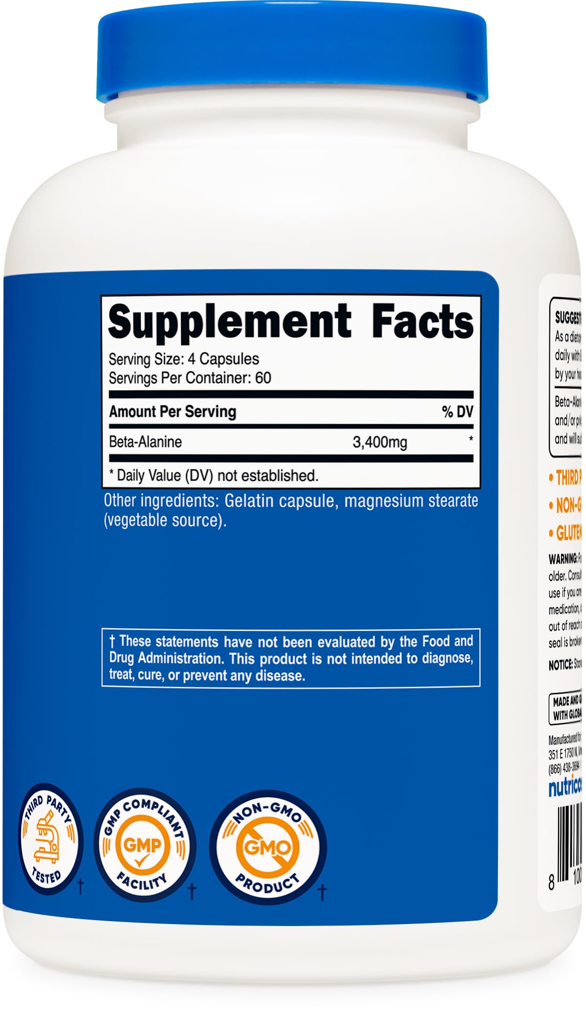 Nutricost Beta-Alanine Capsules 3400mg | 60 Servings (850mg per cap) – Gluten Free & Non-GMO, Made in USA