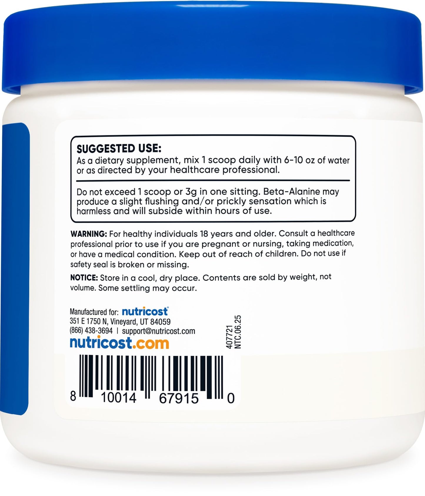 Nutricost Beta Alanine Powder 300 Grams (10.7oz) - 3 Grams Per Serving